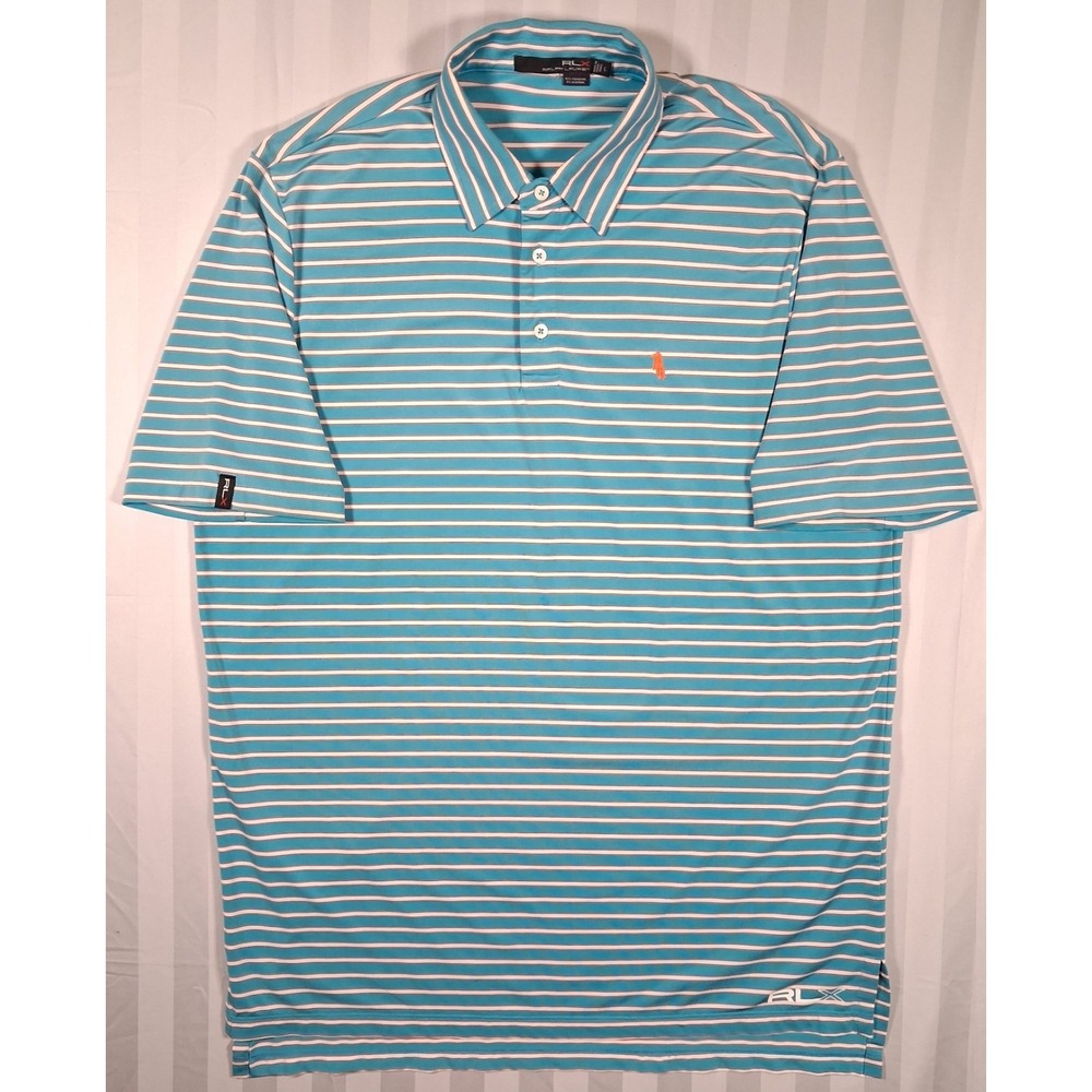 RLX Ralph Lauren Golf Performance Polo Blue Striped Penguin Orange XL
